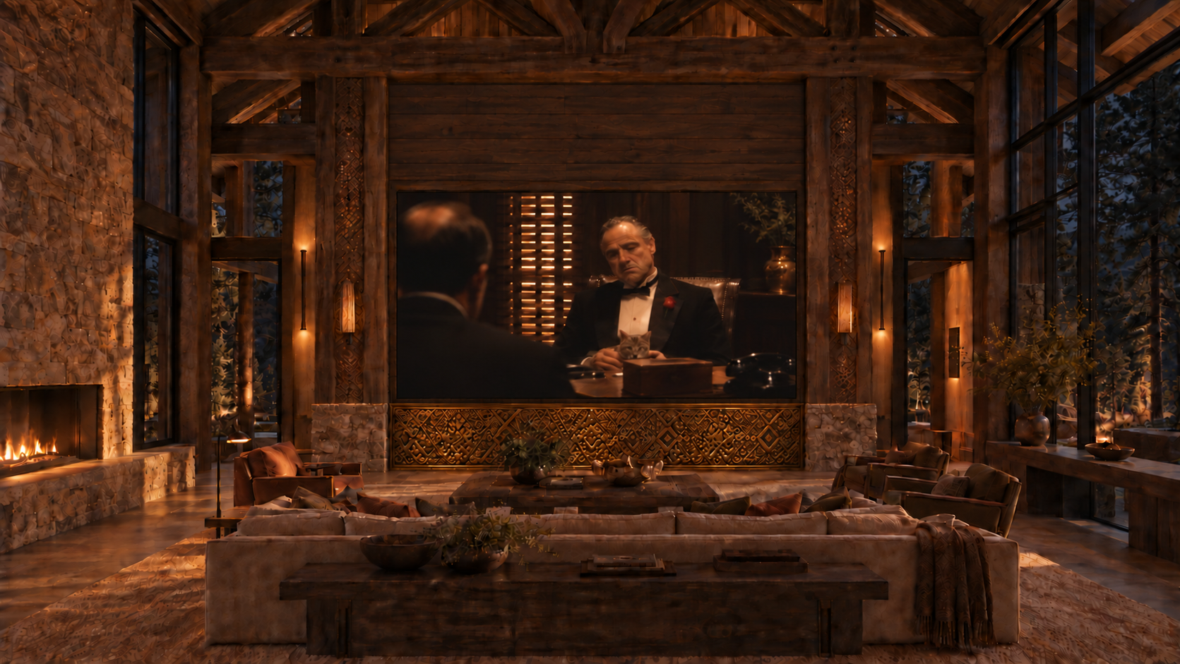 Forest Highlands Great Space transformed for cinematic viewing at night
