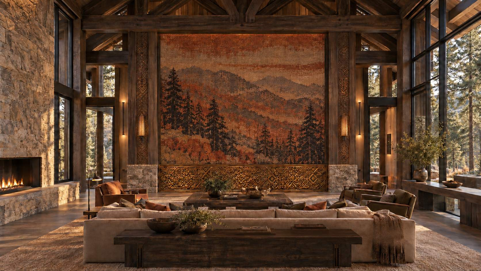 Forest Highlands Great Space with woven mountain tapestry and gold speaker grille