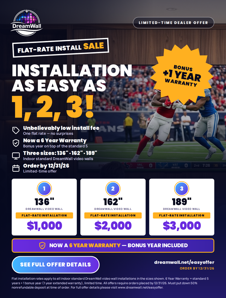 DreamWall flat-rate installation sale: 136-inch $1,000, 162-inch $2,000, 189-inch $3,000. Bonus warranty year included. Order by December 31, 2026.