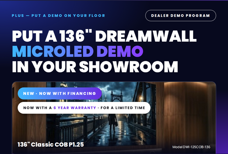 DreamWall dealer demo program: 136-inch Classic COB P1.25, model DWI-125COB-136, now with financing and a six-year warranty for a limited time.