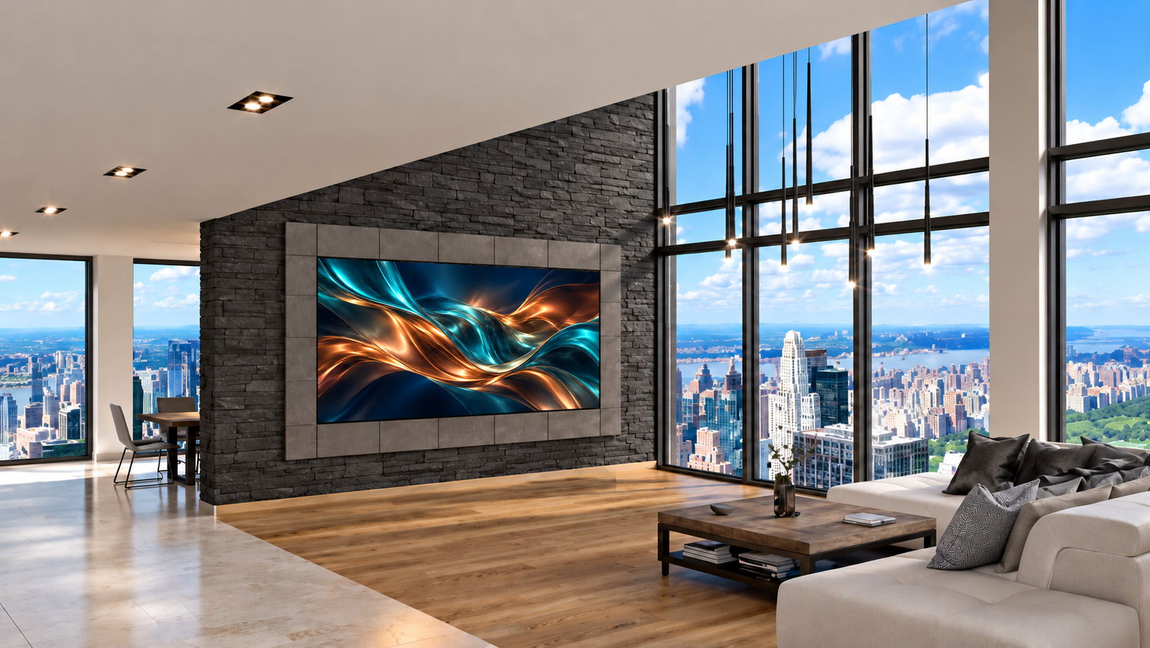 BigPicture display framed by HALO speaker grills that conceal the speakers, integrated into slim stacked stone beside the city-view windows.