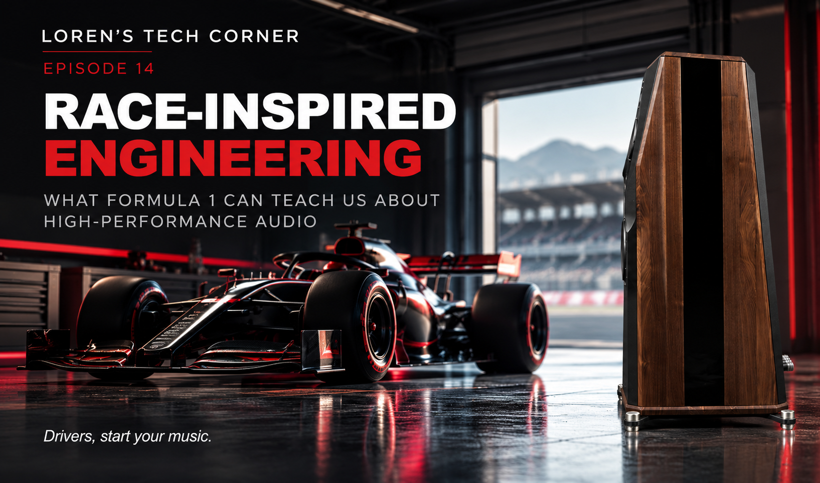 Race-Inspired Engineering companion graphic pairing an abstract Formula 1 car with a high-performance loudspeaker